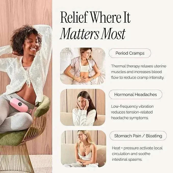 Pink menstrual heating pad belt with adjustable heat and massage modes for period pain relief