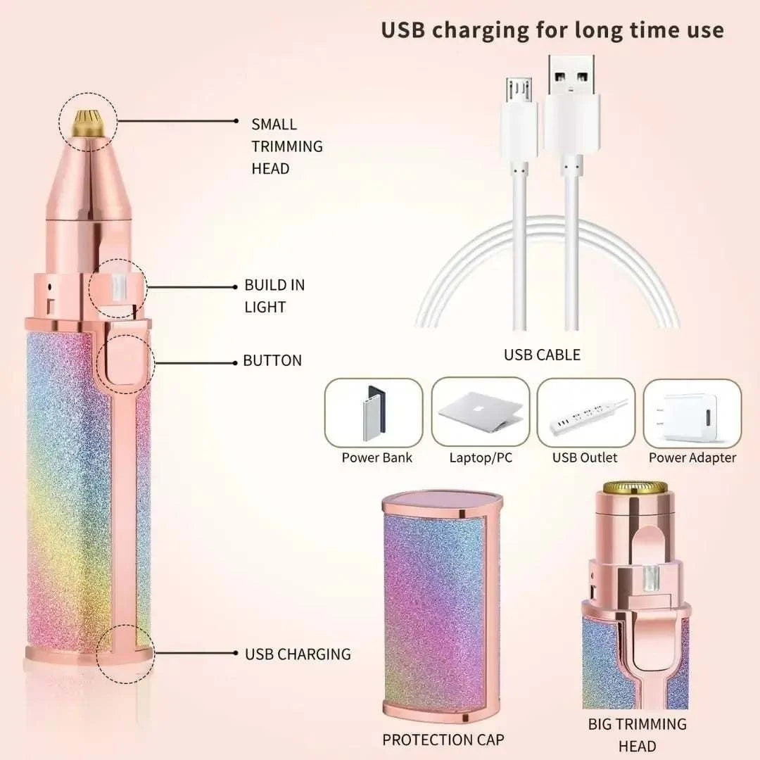 2-in-1 rechargeable eyebrow trimmer and facial hair remover pen for women in compact lipstick design