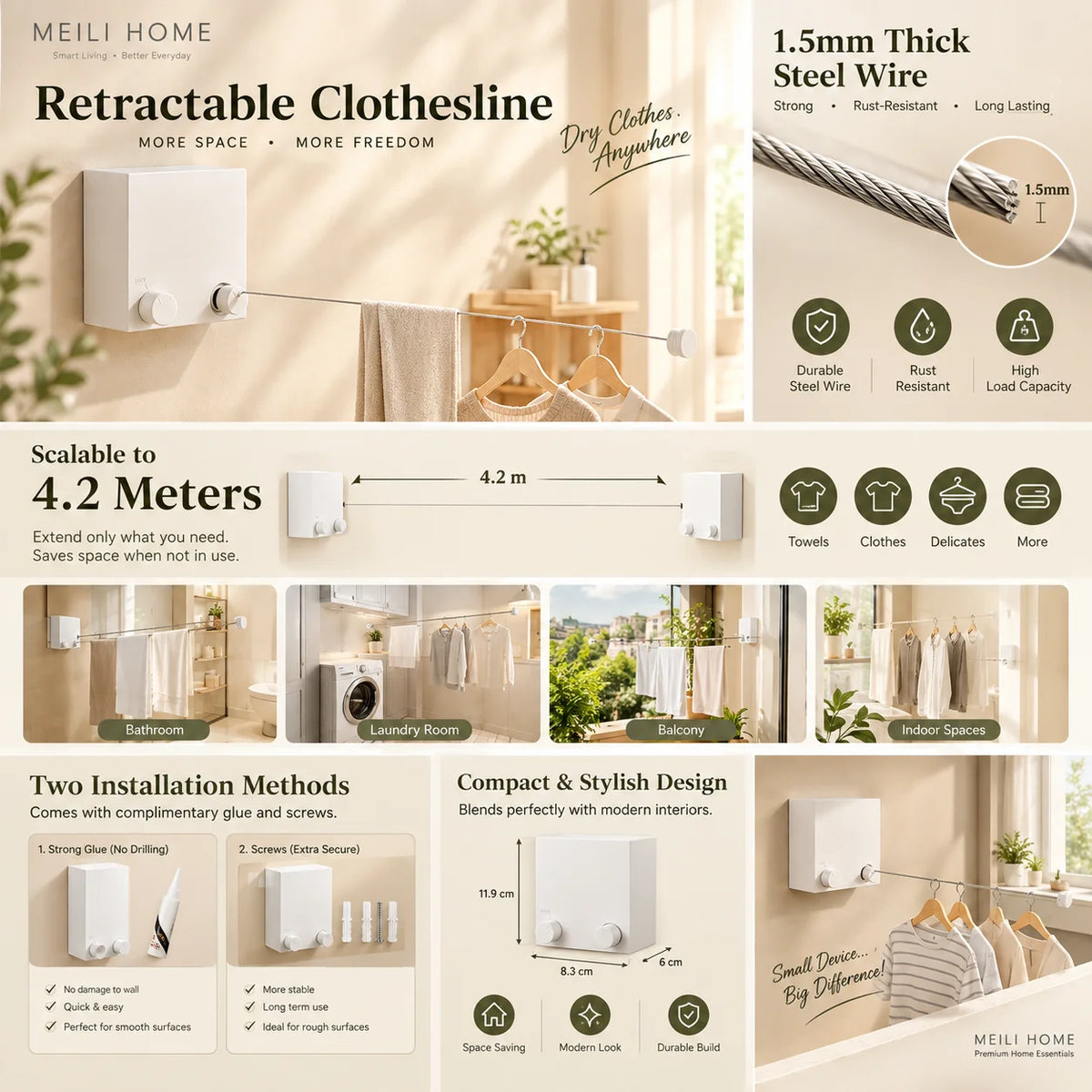 Retractable Clothesline – Wall Mounted Indoor Clothes Drying Rope