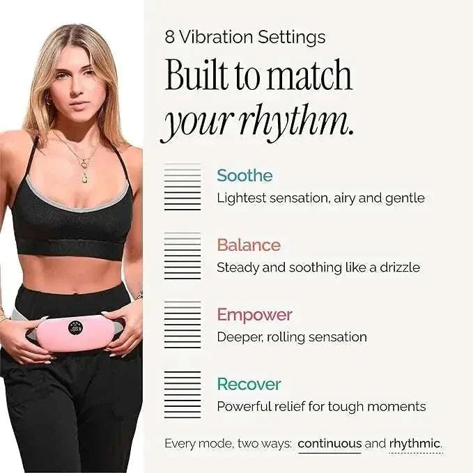 Portable pink menstrual heating pad belt with adjustable heat and massage modes for period cramp relief