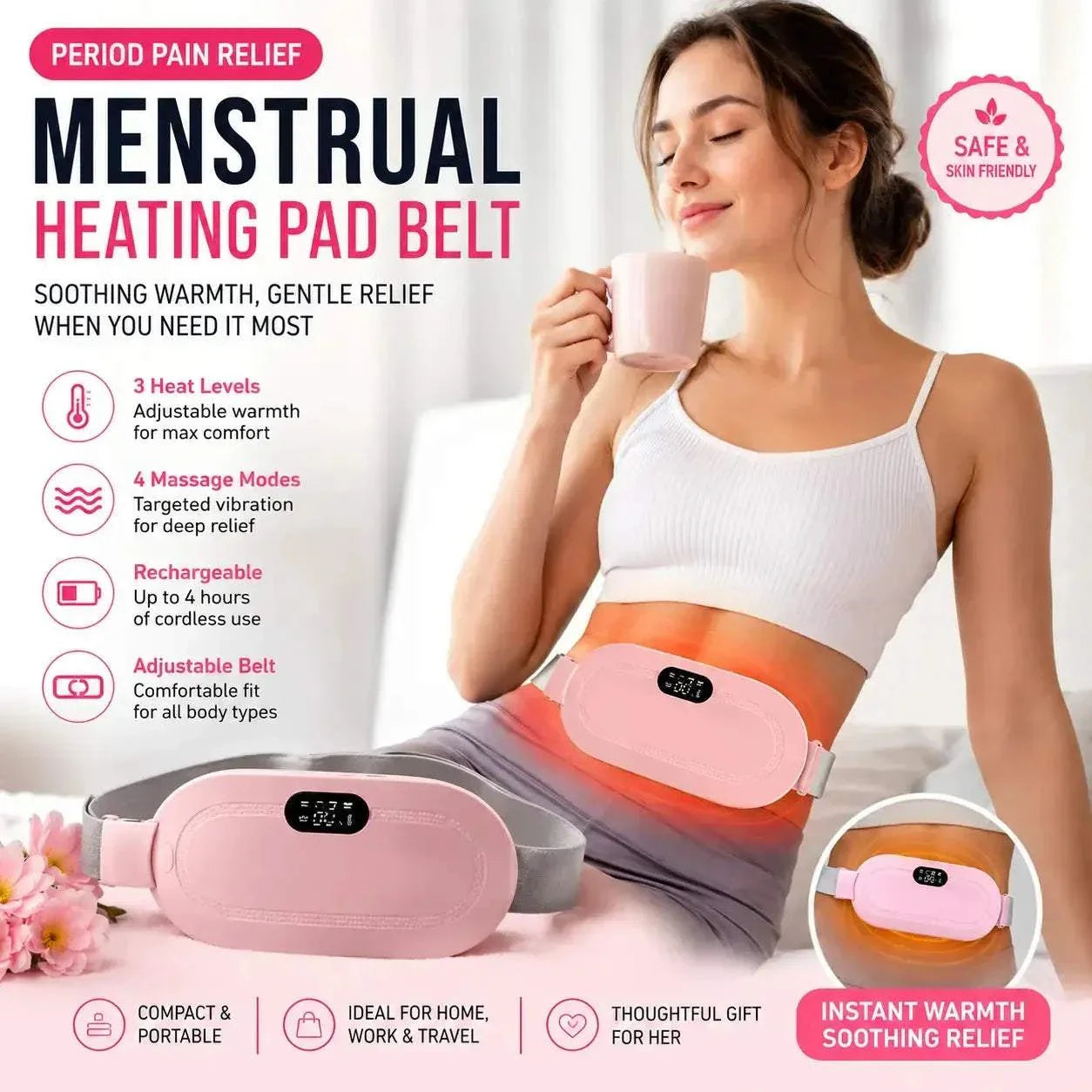Portable menstrual heating pad belt in pink with adjustable strap and LED display for period cramp relief