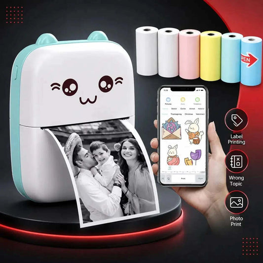 Compact Mini Bluetooth Thermal Printer with one paper roll, wireless and inkless thermal printing technology