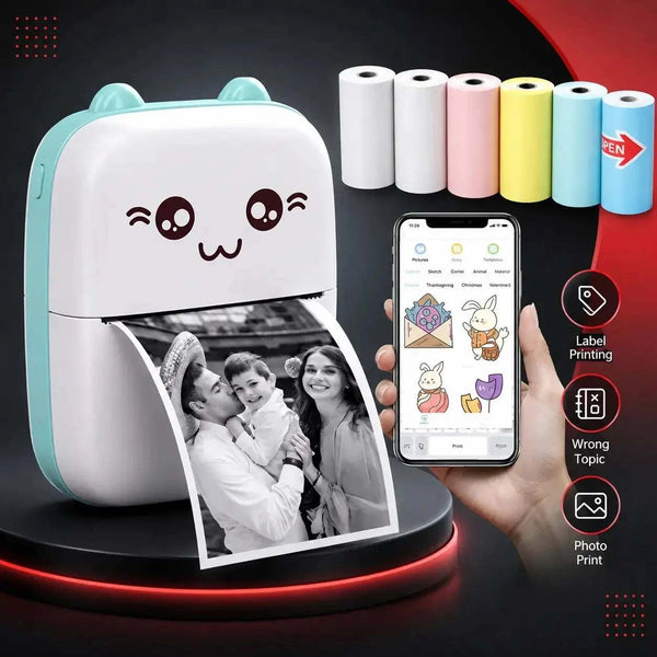 Compact Mini Bluetooth Thermal Printer with one paper roll, wireless and inkless thermal printing technology
