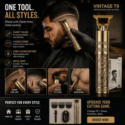 Professional T9 Vintage Hair Trimmer for Men – Cordless Beard & Hair Clipper - Volmant