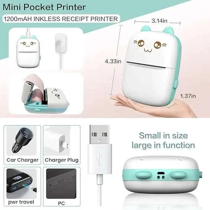 Compact Mini Bluetooth Thermal Printer with paper roll and USB cable for wireless inkless printing