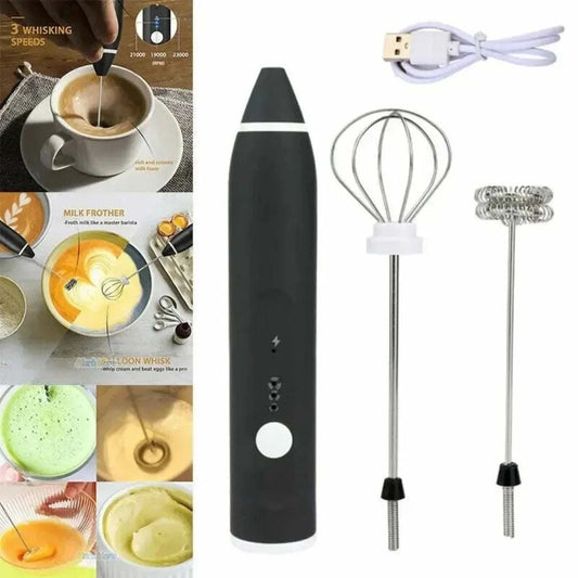 USB Rechargeable 2-in-1 Electric Milk Frother with interchangeable whisk heads for frothing milk and mixing drinks, portable and cordless.