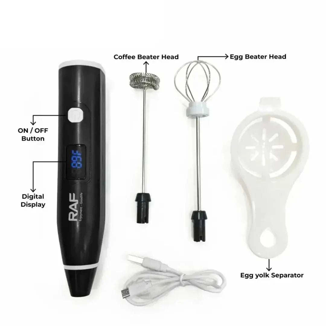 USB rechargeable 2-in-1 electric milk frother and coffee beater with interchangeable whisk heads and compact portable design