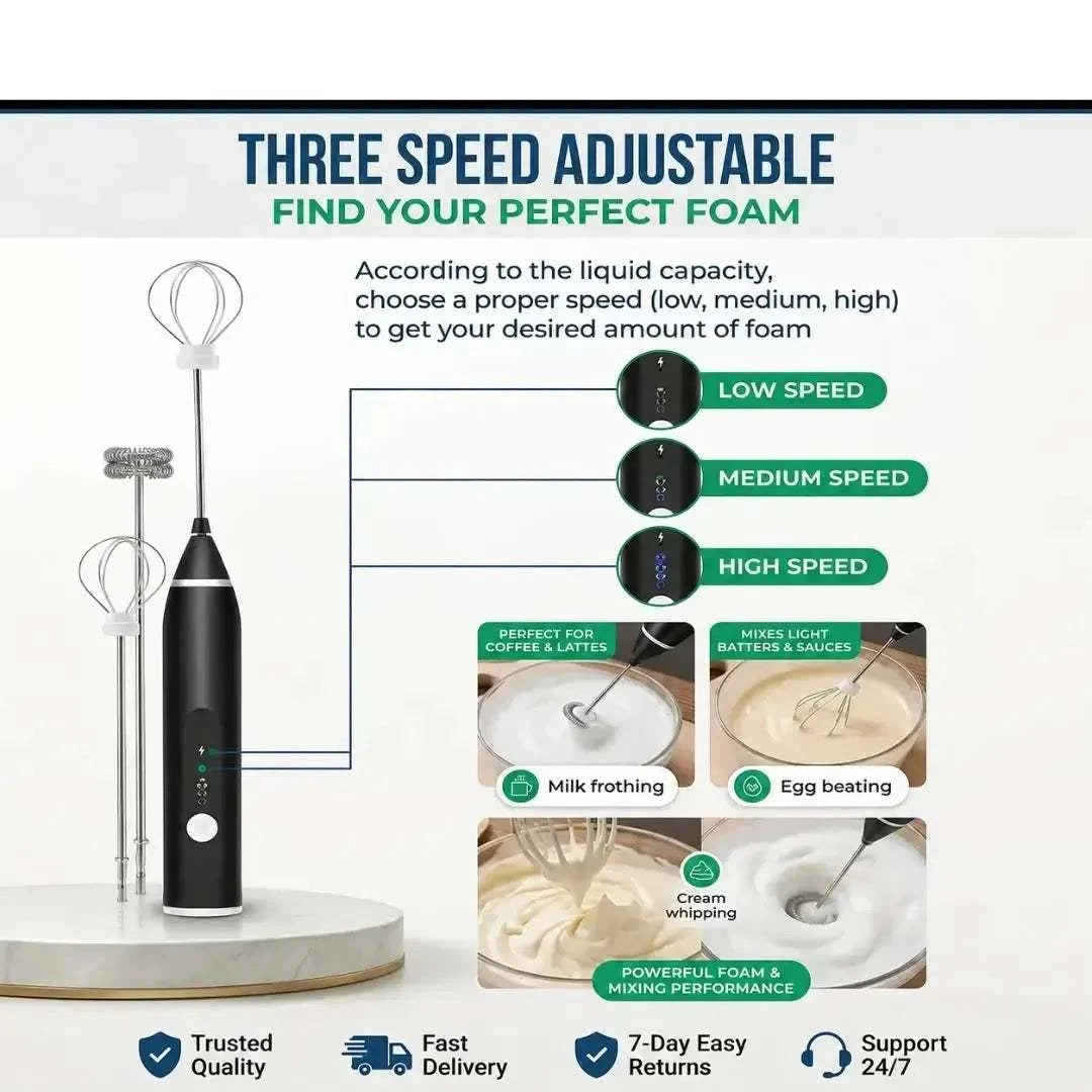 USB rechargeable 2-in-1 electric milk frother and coffee beater with interchangeable whisk heads and portable design