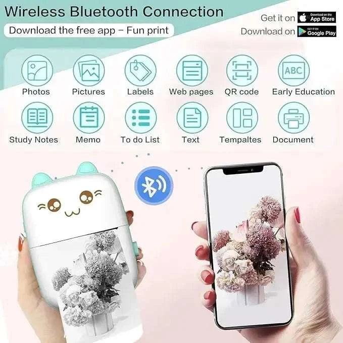 Compact Mini Bluetooth Thermal Printer with paper roll and USB cable, wireless, inkless thermal printing, pocket-sized and portable