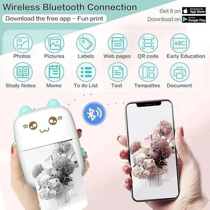 Compact Mini Bluetooth Thermal Printer with paper roll and USB cable, wireless, inkless thermal printing, pocket-sized and portable